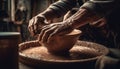 Craftsperson turning wet clay on pottery wheel, molding homemade vase generated by AI