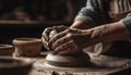 Craftsperson turning wet clay on pottery wheel, molding a shape generated by AI