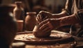 Craftsperson turning wet clay on pottery wheel, molding vase shape generated by AI