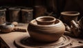 Craftsperson using pottery wheel making vase shape generated by AI