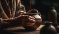 Craftsperson working with clay, creating earthenware vase using skill and creativity generated by AI