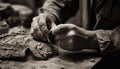 Craftsperson working in a pottery workshop, shaping clay on a table generated by AI