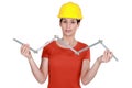 Craftswoman holding ruler Royalty Free Stock Photo