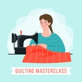 Craftswoman sews a quilt. Woman seamstress at her workplace with sewing machine