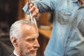 Crafty master combing hair of the aged client in the salon