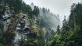 Majestic Crag In Rainy Weather With Deciduous Trees And Firs