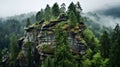 Majestic Crag With Deciduous Trees And Firs In Rainy Weather