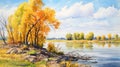 Dnieper River Crag Watercolor Painting With Blue Sky And Yellow Field