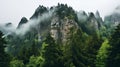 Majestic Crag With Deciduous Trees And Firs In Rainy Weather