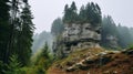 Majestic Crag In Rainy Weather With Lush Deciduous Trees