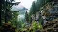 Majestic Crag And Trees In Rainy Weather - Serene Nature Landscape