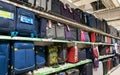 Craiova, Romania. August, 26, 2019- many travel bags, different colors and sizes, exposed for sale on shelves in the store