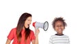 Craizy mum shouting by a megaphone to her son Royalty Free Stock Photo