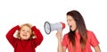 Craizy mum shouting by a megaphone to her son Royalty Free Stock Photo