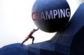 Cramping as a problem that makes life harder - symbolized by a person pushing weight with word Cramping to show that Cramping can