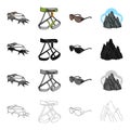 Crampon climber, safety gazebo, sunglasses, unruly top. Climbing equipment set collection icons in cartoon black