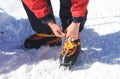 Crampons closeup. Crampons closeup. Crampon on winter boot for c Royalty Free Stock Photo