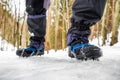 Crampons on hiking boot.Hiking in winter