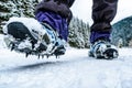 Crampons on hiking boots