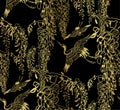 Cran bird wisteria vector seamless japanese chinese pattern gold black traditional Royalty Free Stock Photo