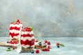 Cranachan raspberry dessert in jar on a light background. Long banner format