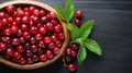 Cranberries On Dark Background With Brown Leaves - Stunning Stock Photo