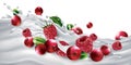 Cranberries and raspberries on a yogurt or milk wave.