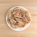 Cranberry almond biscotti with white chocolate on a plate