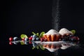 Cranberry and blueberry muffins sprinkled with sugar powder on a black reflective background. Muffins with berries and mint Royalty Free Stock Photo