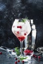 Cranberry cocktail with ice, fresh rosemary and red berries in big wine glass, bar tools, gray bar counter background, copy space Royalty Free Stock Photo