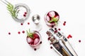 Cranberry cocktail with ice, rosemary and berries, bar tools, white background, top view