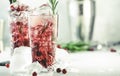 Cranberry cocktail with vodka, ice, juice, rosemary and red berries in highball glass. Refreshing long drink. Gray table Royalty Free Stock Photo