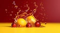 Cranberry dropped on the yellow water surface with carnberry slice and water splash. Generative AI Royalty Free Stock Photo