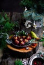 Cranberry Glazed Turkey Meatballs in a Christmas decor