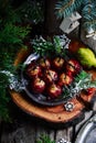 Cranberry Glazed Turkey Meatballs in a Christmas decor