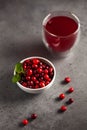 Cranberry juice and ripe cranberries in a bowl on a gray background Royalty Free Stock Photo