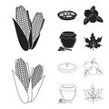 Cranberry, pumpkin pie, honey pot, maple leaf.Canada thanksgiving day set collection icons in black,outline style vector