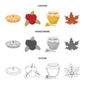 Cranberry, pumpkin pie, honey pot, maple leaf.Canada thanksgiving day set collection icons in cartoon,outline,monochrome