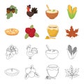 Cranberry, pumpkin pie, honey pot, maple leaf.Canada thanksgiving day set collection icons in cartoon,outline style