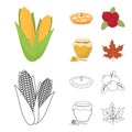 Cranberry, pumpkin pie, honey pot, maple leaf.Canada thanksgiving day set collection icons in cartoon,outline style Royalty Free Stock Photo