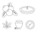 Cranberry, pumpkin pie, honey pot, maple leaf.Canada thanksgiving day set collection icons in outline style vector