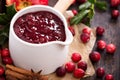 Cranberry sauce in ceramic saucepan Royalty Free Stock Photo