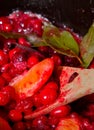 Cranberry sauce with oranges, cinnamon and bay leaf simmering in Royalty Free Stock Photo