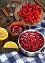 Cranberry sauce in a saucepan and in a bowl