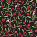 Cranberry seamless pattern. Detailed hand drawn branches with berries. Colorful hand drawn illustration.