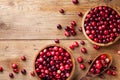 Cranberry in wooden bowl on rustic table from above Royalty Free Stock Photo