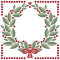 Cranberry wreath with leaves, berries, heart shape and red bow vector isolated winter holiday card