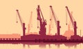 Vector silhouette of crane on sea port.