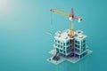 A crane is actively lifting construction materials onto a modern building currently under Royalty Free Stock Photo