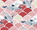 Crane bird traditional kimono pattern vector sketch illustration line art japanese chinese oriental design